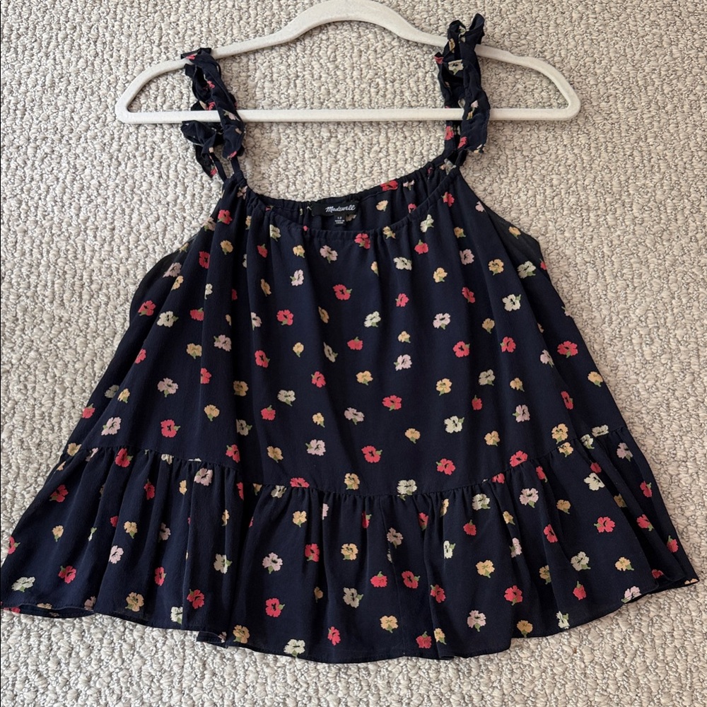 Madewell Navy Floral Tie-Shoulder Ruffle Tank